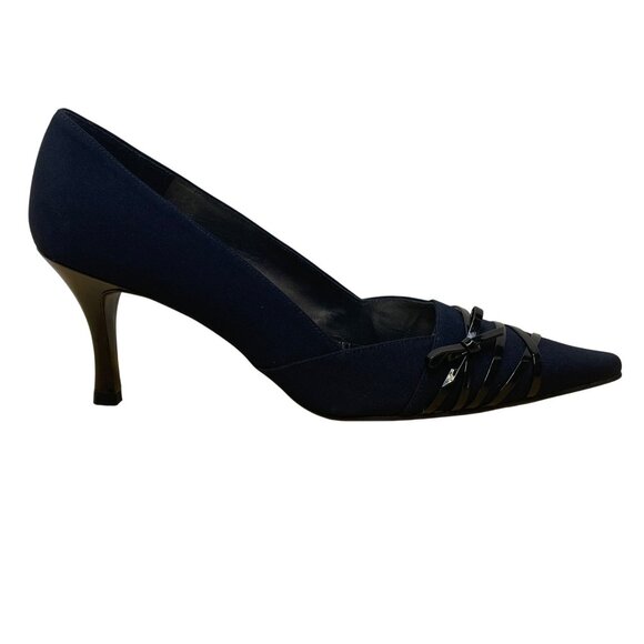Stuart Weitzman Women’s Navy Crepe Lois Pointed Toe Heels With Bow Accent Sz 8M - Picture 1 of 10